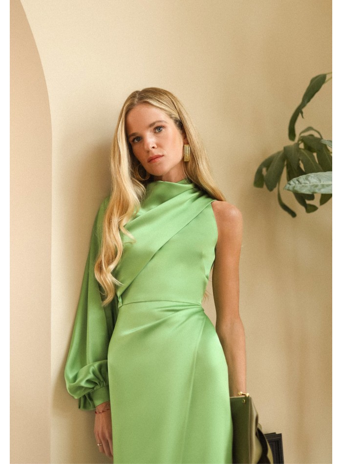 Robe midi asymétrique à manches bouffantes vert...