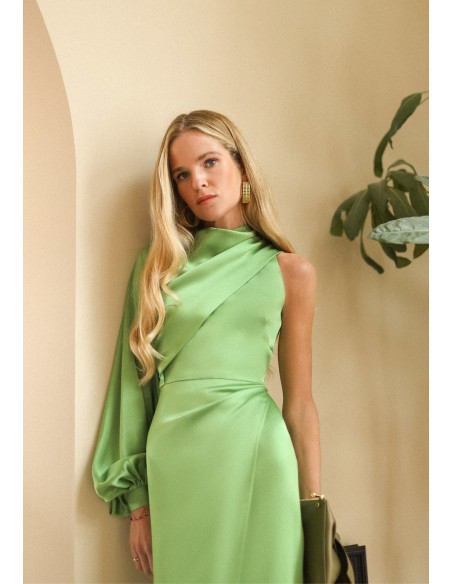Apple green asymmetric midi dress with puffed sleeves