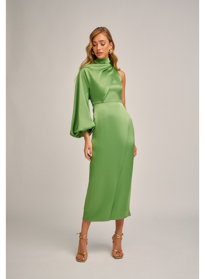 Robe midi asymétrique à manches bouffantes vert...