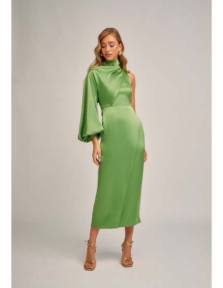 Apple green asymmetric midi dress with puffed sleeves
