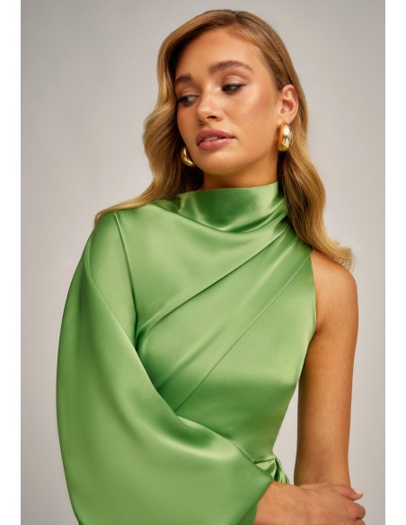 Apple green asymmetric midi dress with puffed sleeves