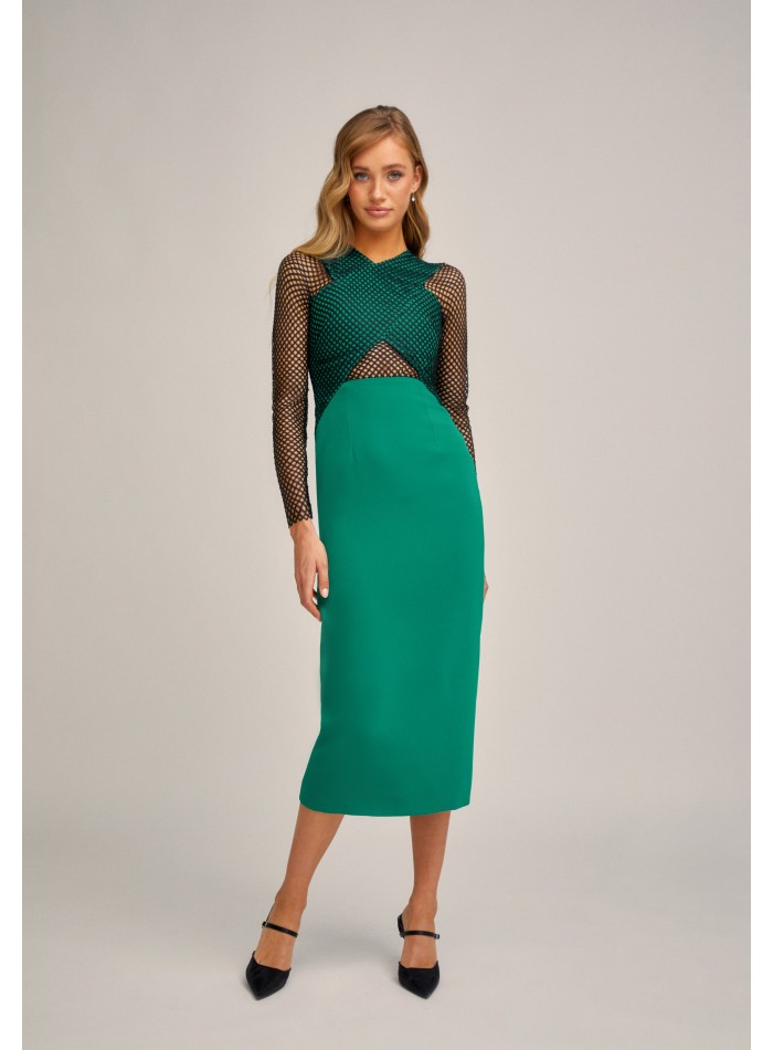 Vestido mini verde y negro con cuerpo cruzado y...