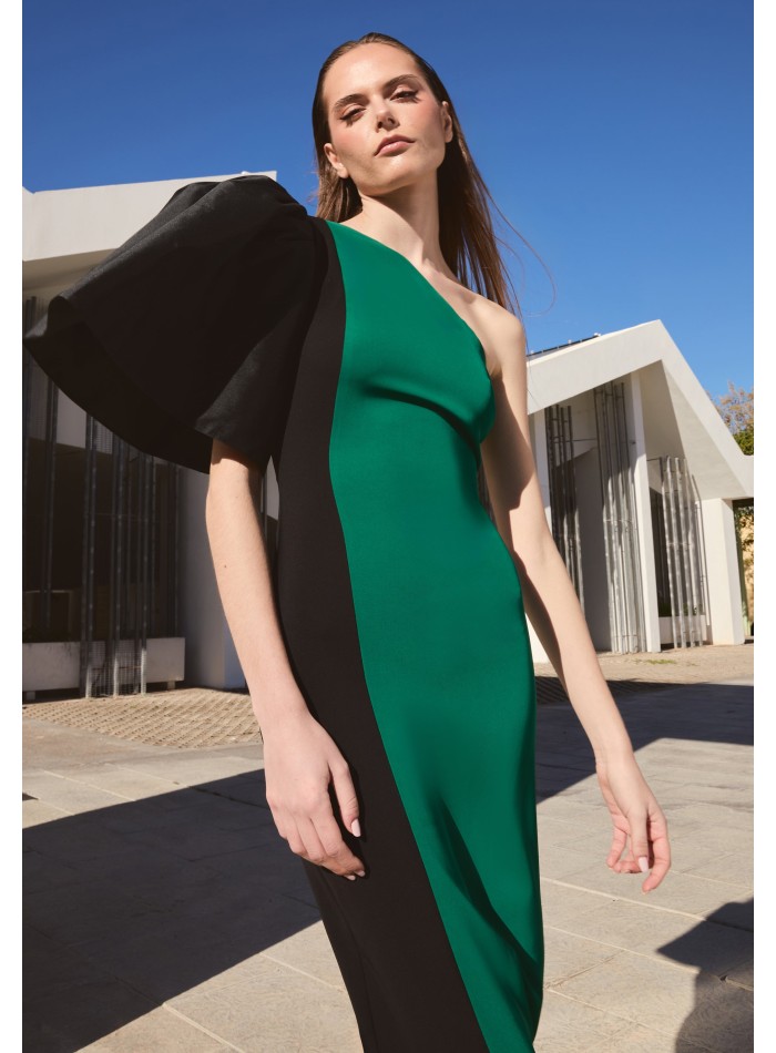 Asymmetrical midi dress with bare shoulder and...