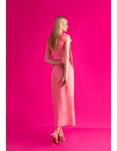 Falda midi rosa con lazada lateral en falso liso