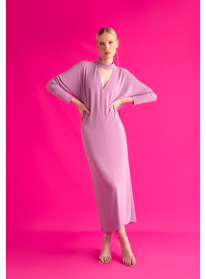Vestido midi lila de invitada con espalda descubierta y mangas murciélago