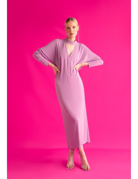 Vestido midi lila de invitada con espalda descubierta y mangas murciélago