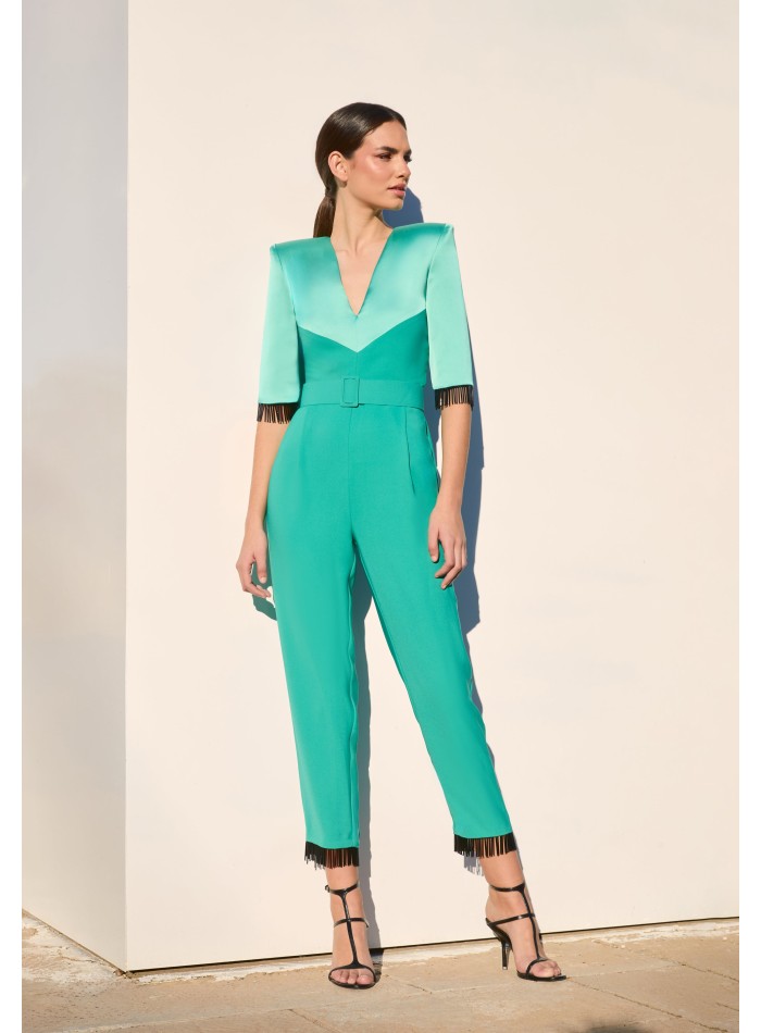 Aqua green party jumpsuit with crystal bangs