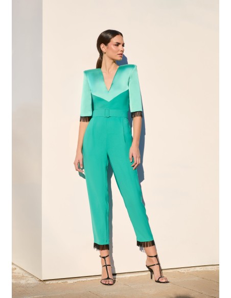 Aqua green party jumpsuit with crystal bangs