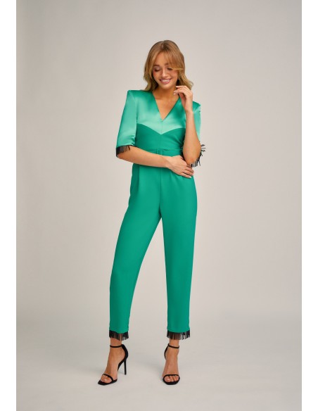 Aqua green party jumpsuit with crystal bangs