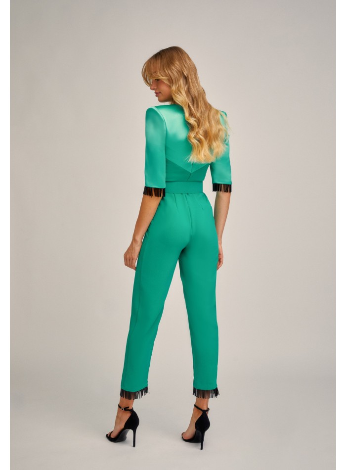 Aqua green party jumpsuit with crystal bangs