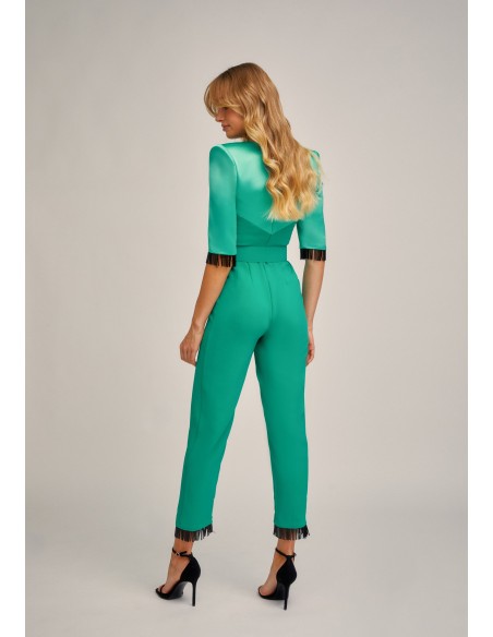 Aqua green party jumpsuit with crystal bangs