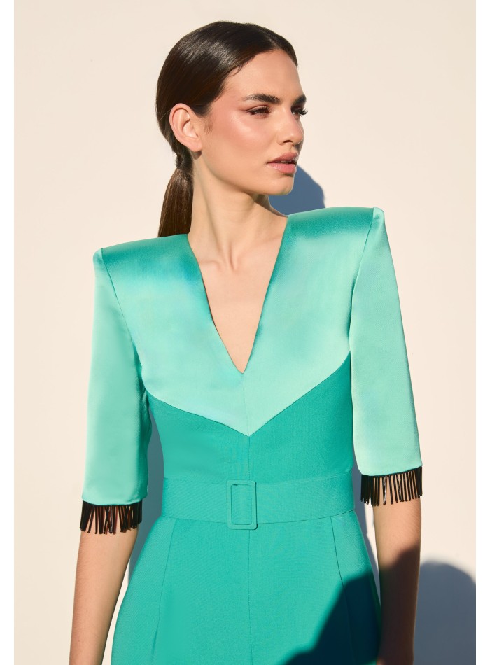 Aqua green party jumpsuit with crystal bangs