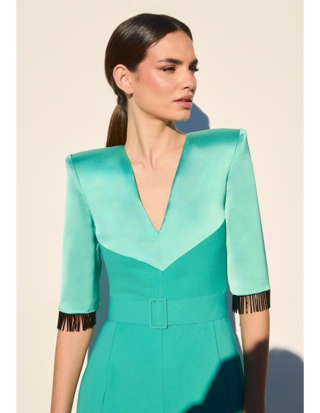Aqua green party jumpsuit with crystal bangs