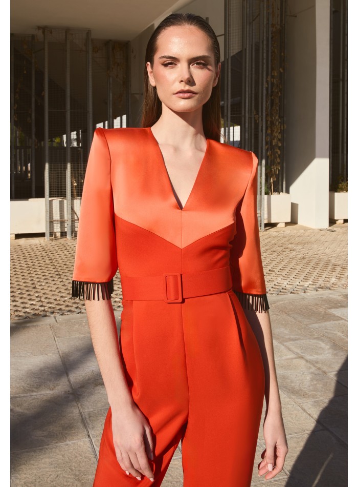 Orange party jumpsuit in crepe satin with...