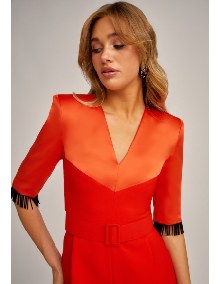 Orange party jumpsuit in crepe satin with crystal bangs