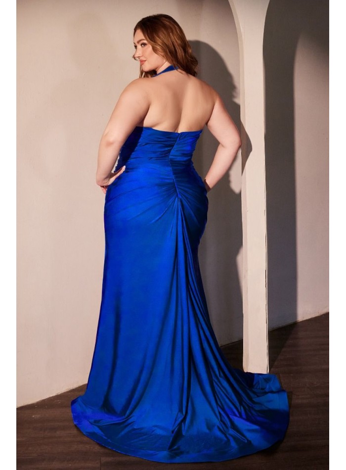 Vestido de fiesta largo plus size con escote halter y abertura azul