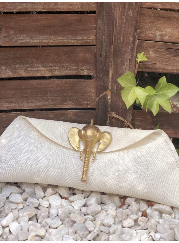 Sac en raphia avec fermoir éléphant en bronze