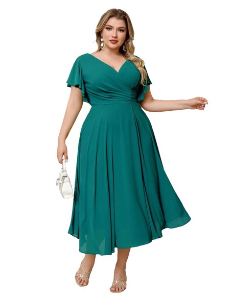 Vestido de fiesta midi de gasa con manguita petroleo