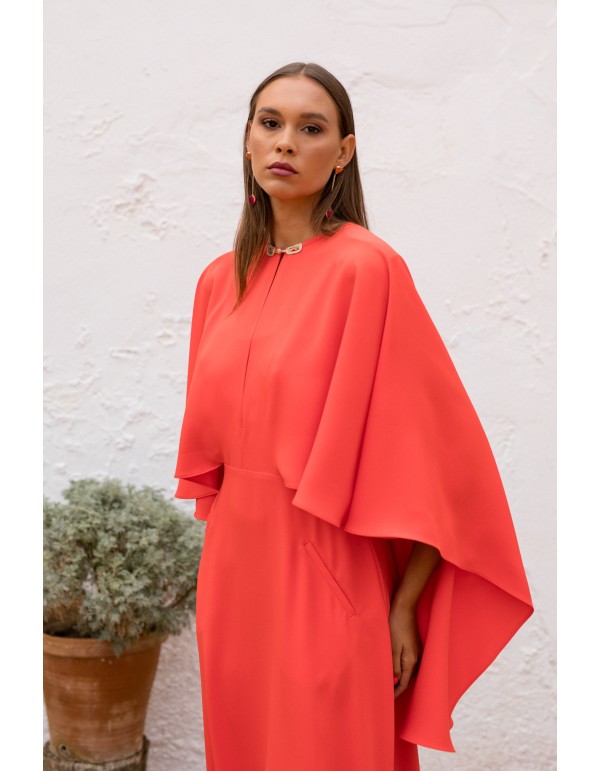 Coral midi dress with asymmetrical cape 2