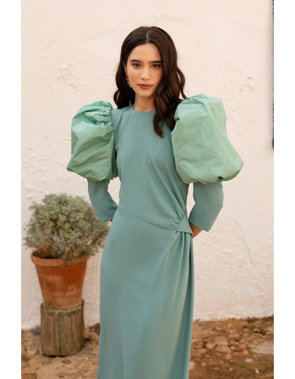 Mint green draped midi dress with long puffed sleeves 2