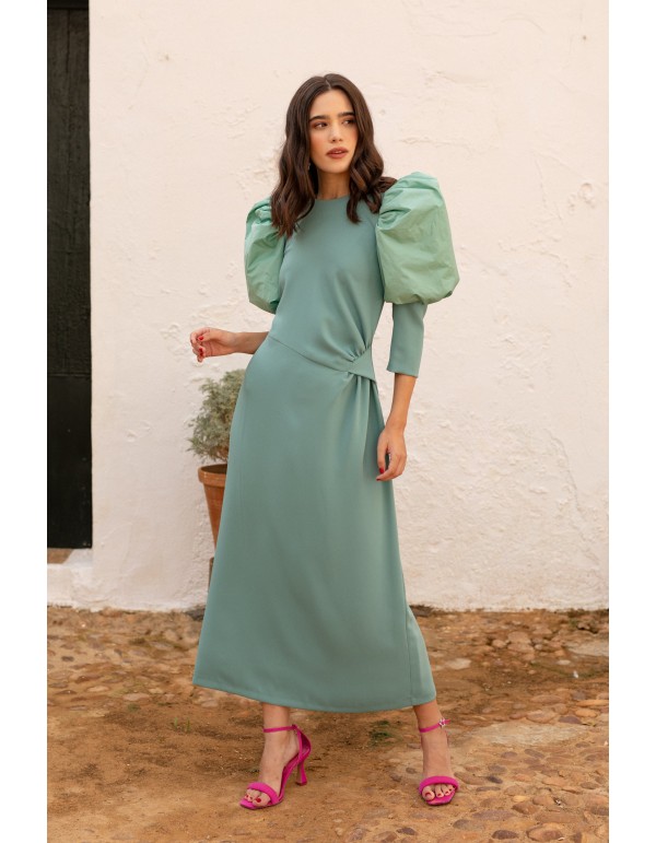 Vestido midi verde menta drapeado