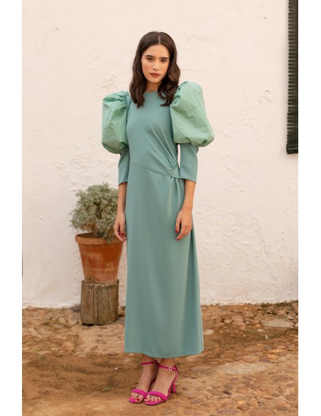 Mint green draped midi dress with long puffed sleeves