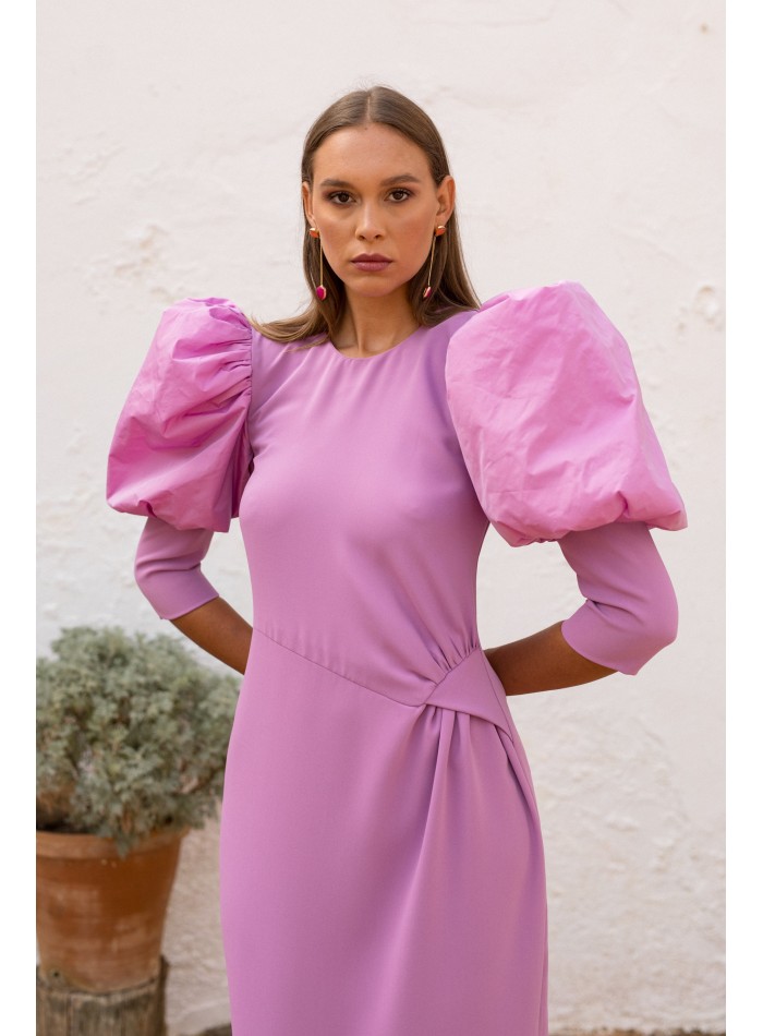 Lilac midi party dress with long puffed sleeves