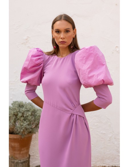 Lilac midi party dress with long puffed sleeves