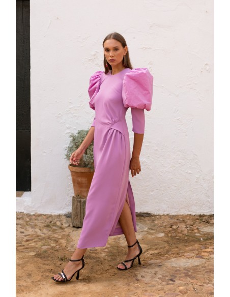 Robe de soirée midi lilas à manches longues bouffantes