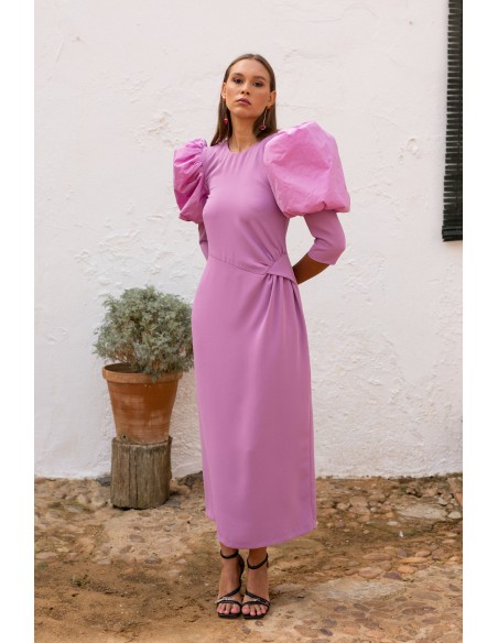 Robe de soirée midi lilas à manches longues bouffantes