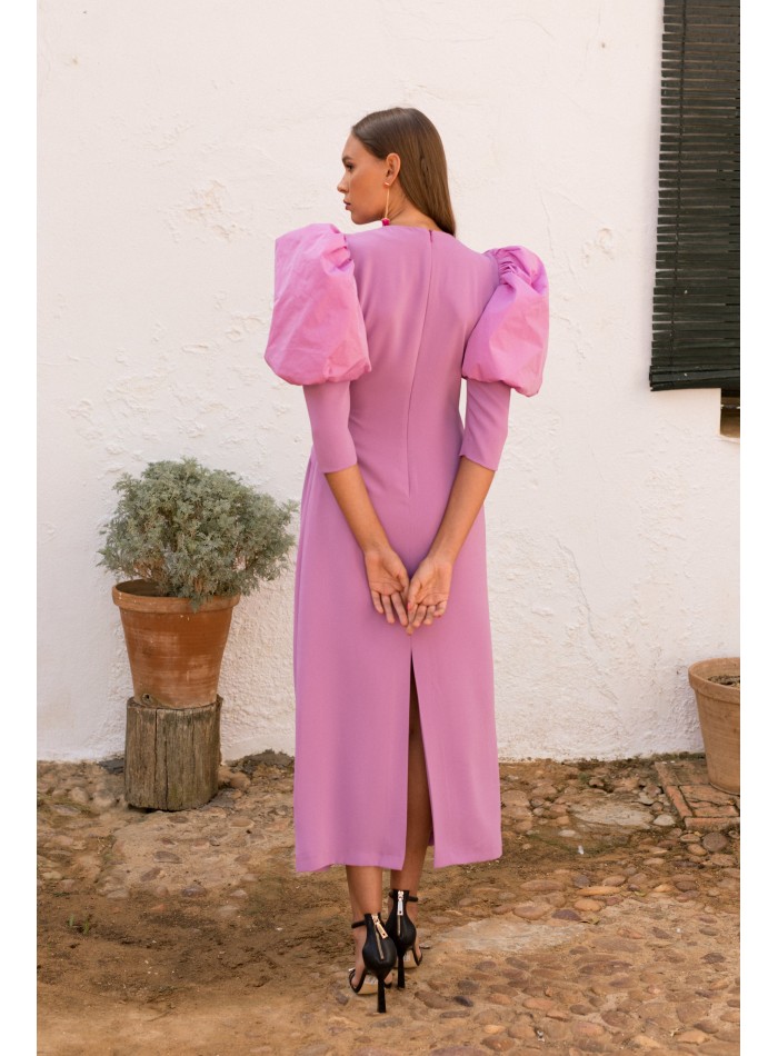 Lilac midi party dress with long puffed sleeves