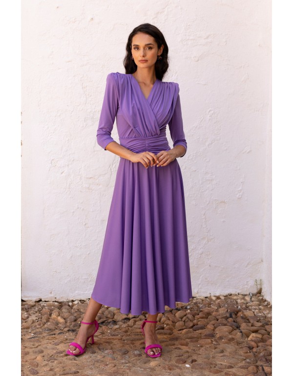Mauve knitted midi dress with draped bodice