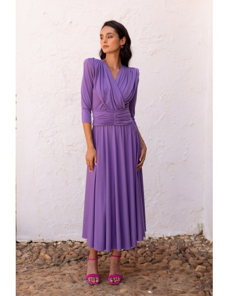 Robe midi en maille mauve avec corsage drapé