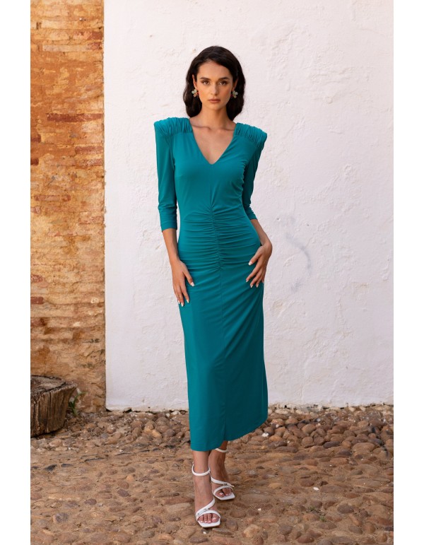 Robe d'invité midi verte avec dos en cascade