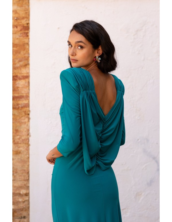 Robe d'invité midi verte avec dos en cascade 2
