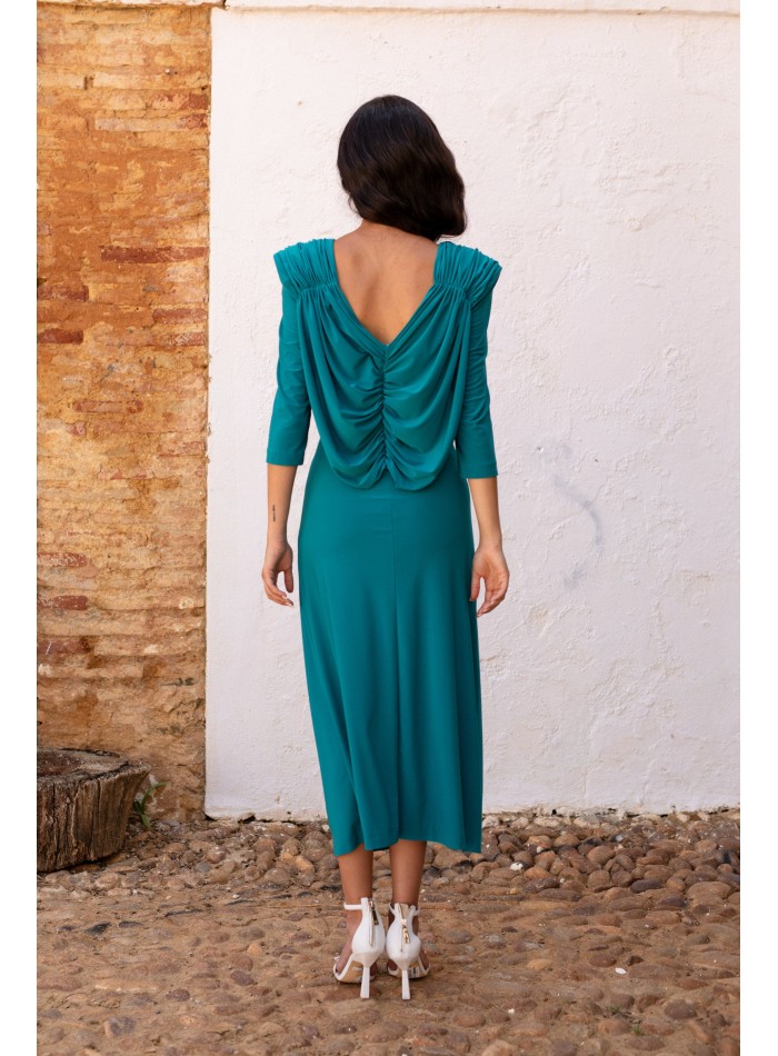 Green midi guest dress with waterfall back