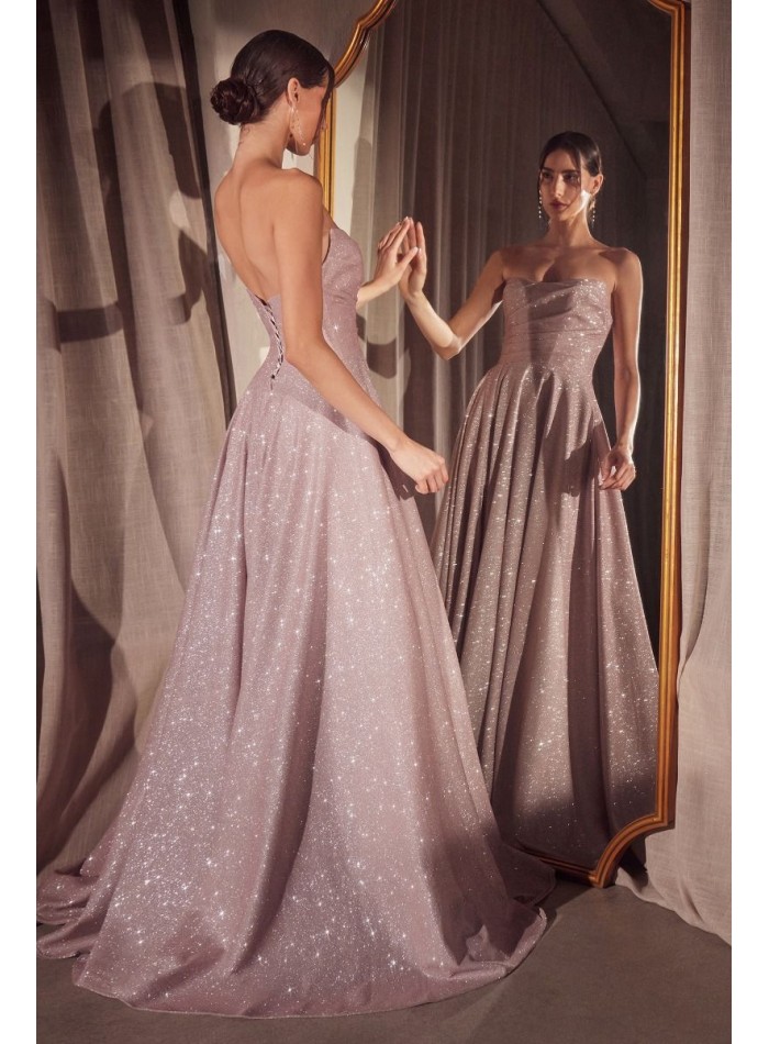 Strapless long gown with shiny fabric