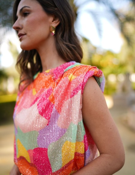 Top de fête multicolore avec paillettes et épaulettes