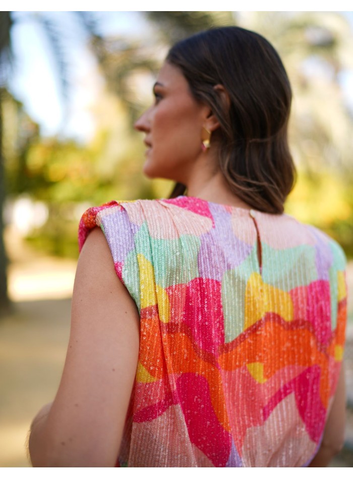 Multicolor party top with sequins and shoulder...