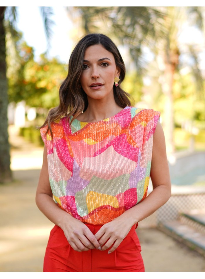 Multicolor party top with sequins and shoulder...