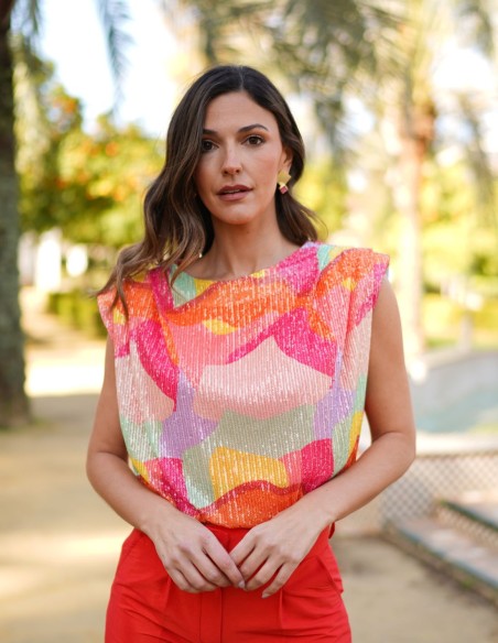 Multicolor party top with sequins and shoulder pads