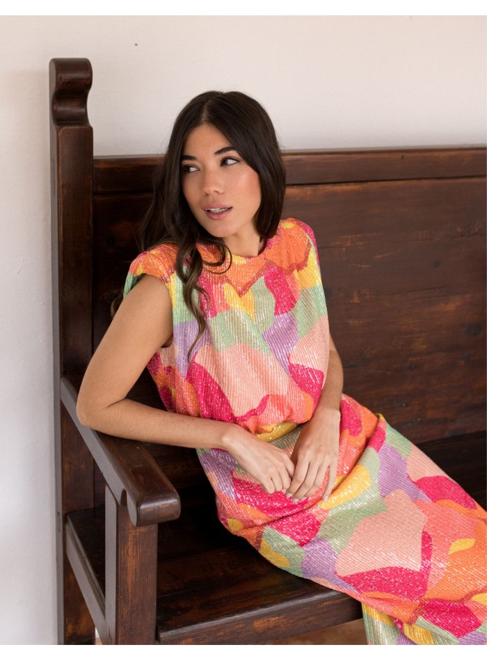 Multicolor midi dress with sequins and shoulder...