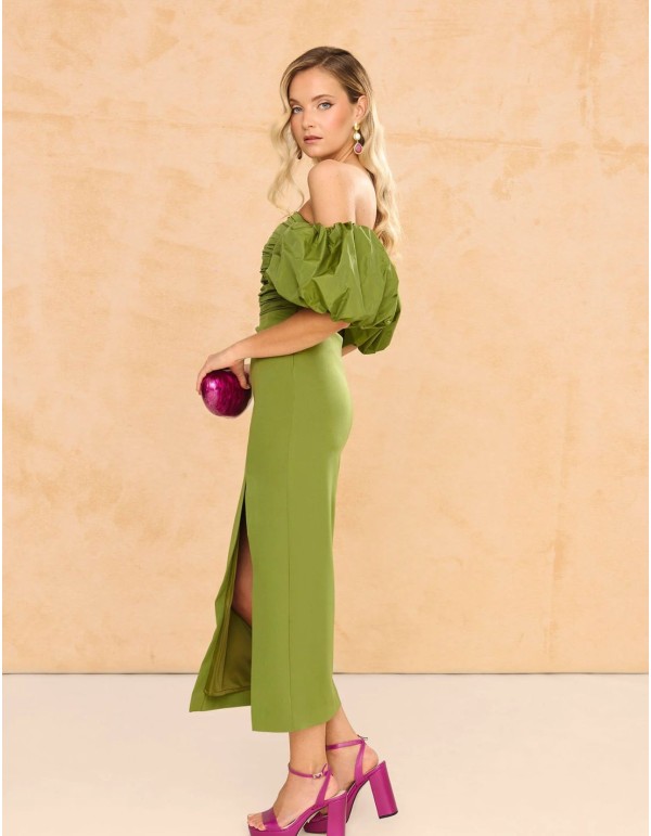 Vestido midi con escote palabra de honor y mangas abullonadas desmontables 2