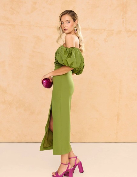 Strapless midi dress with detachable puffed sleeves and strapless neckline