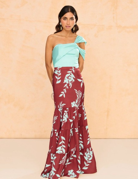 Brown printed long skirt with ruffles