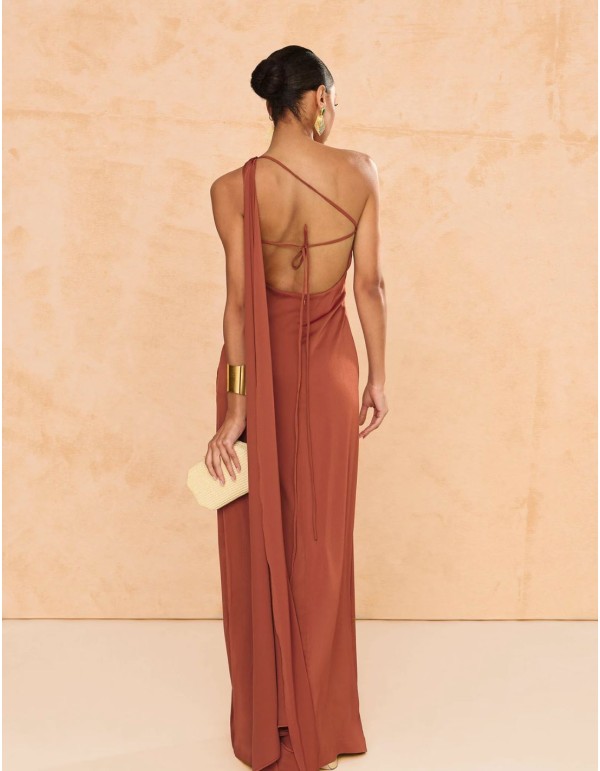 Terracotta color crepe satin long dress with long cape 2