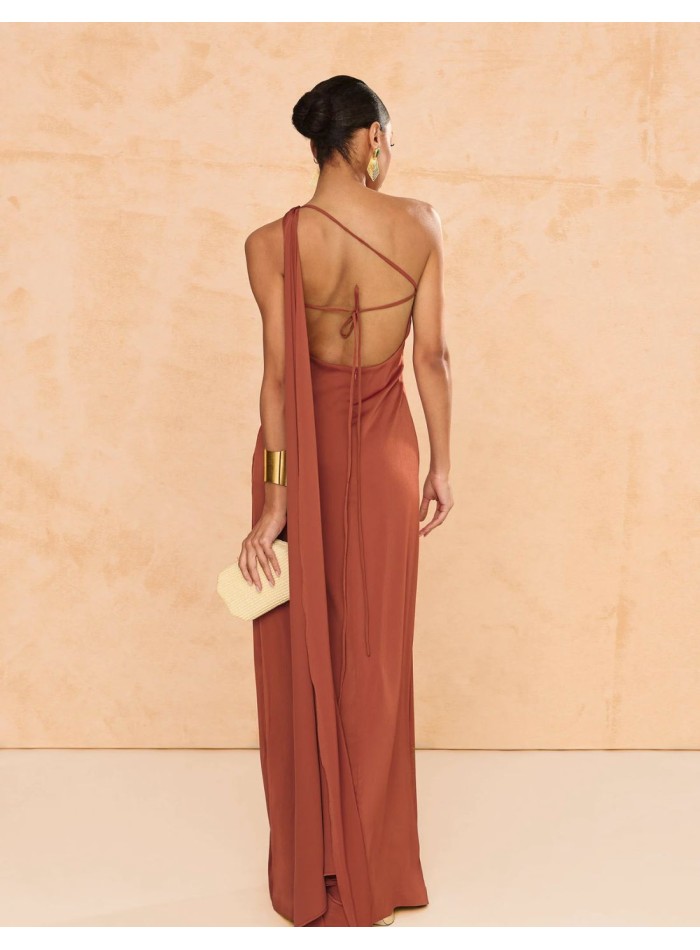 Terracotta color crepe satin long dress with...