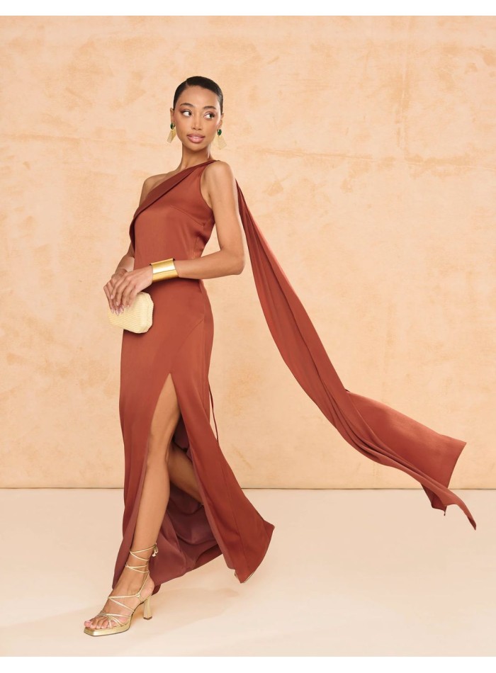 Terracotta color crepe satin long dress with...
