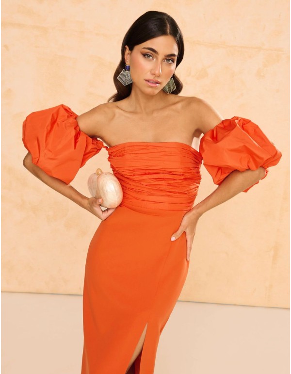 Guest midi dress with detachable puffed sleeves