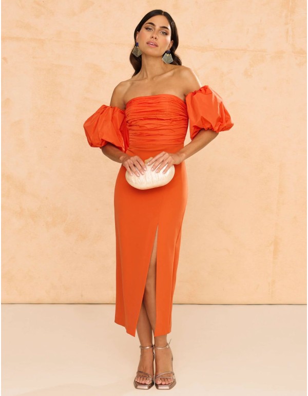 Vestido midi de invitada con mangas abullonada desmontables 2